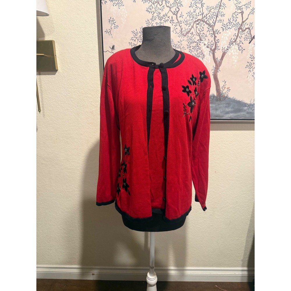 Dressbarn Woman Red Black Floral Embroidered Cardigan Shell Twin Set Size 22/24